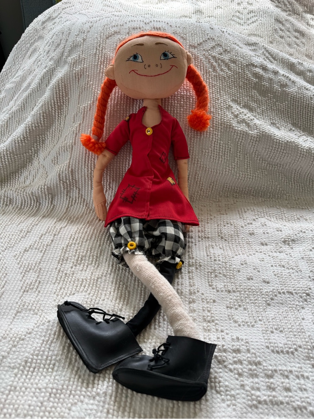Vintage Pippi Longstockings Plush Rag Doll with Orange Braids and Red Dress